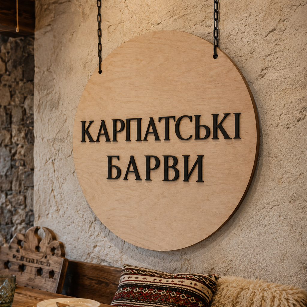 Напис, вивіска чи логотип на круглому фоні з фанери без підсвітки
